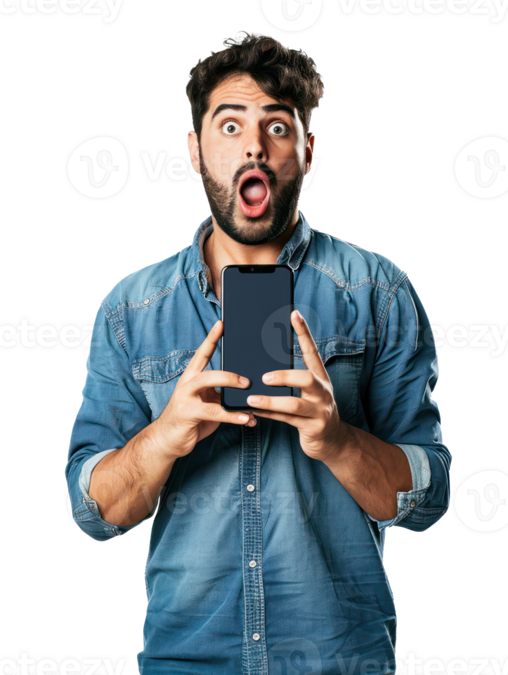 Lebanese guy showing smartphone and surprised, isolated on a transparency background png
