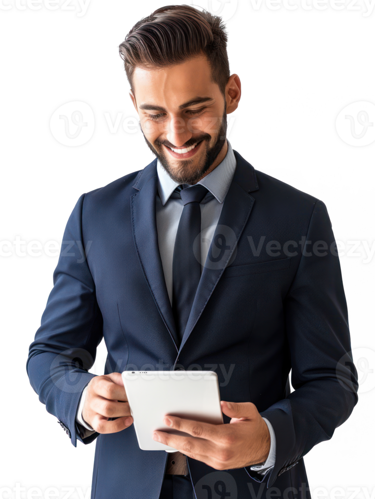 businessman smiling while using tablet isolate on transparency background png
