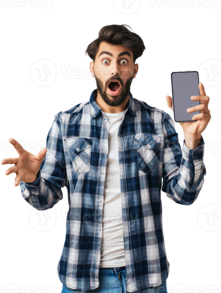 Lebanese guy showing smartphone and surprised, isolated on a transparency background png