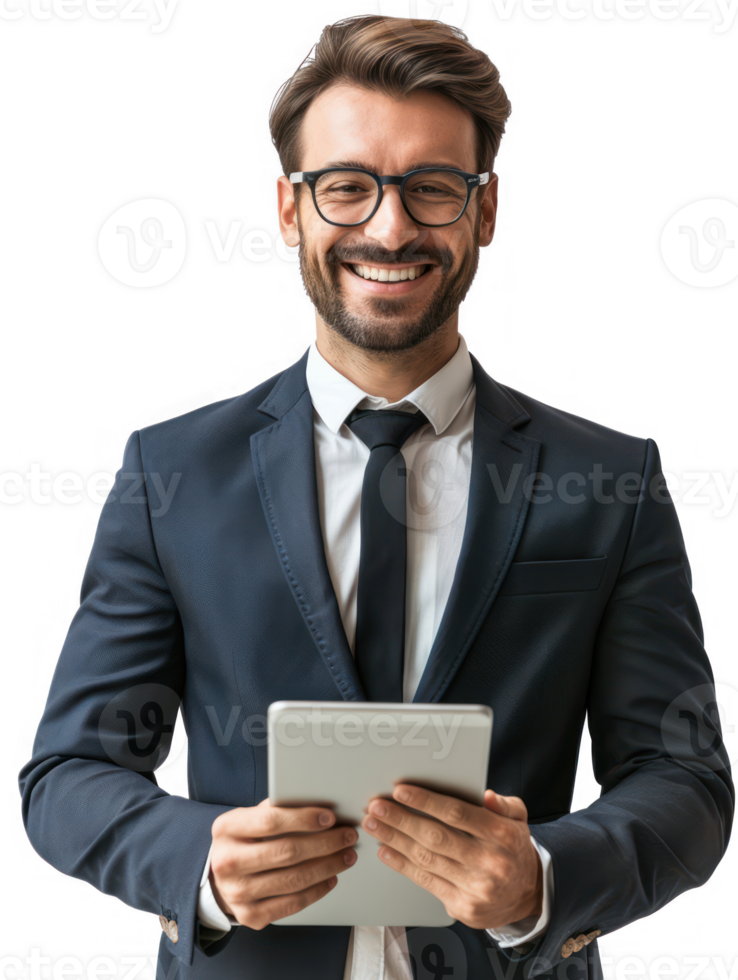 businessman smiling while using tablet isolate on transparency background png