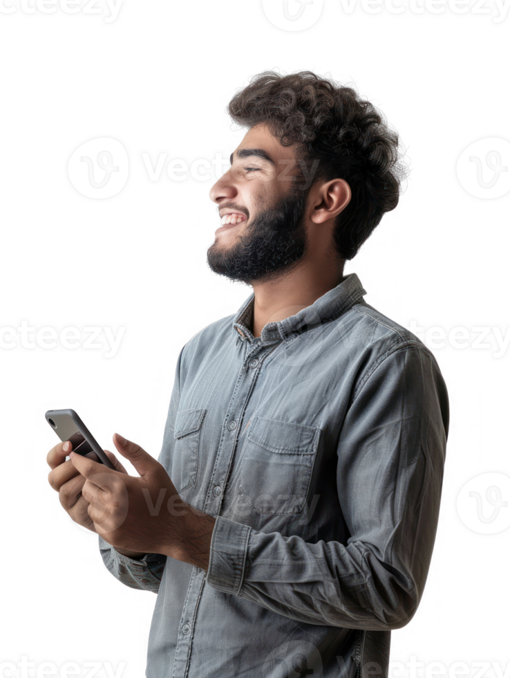 A happy arab young man holding a phone, wearing a shirt, photographed from the side, very realistic, transparency background png