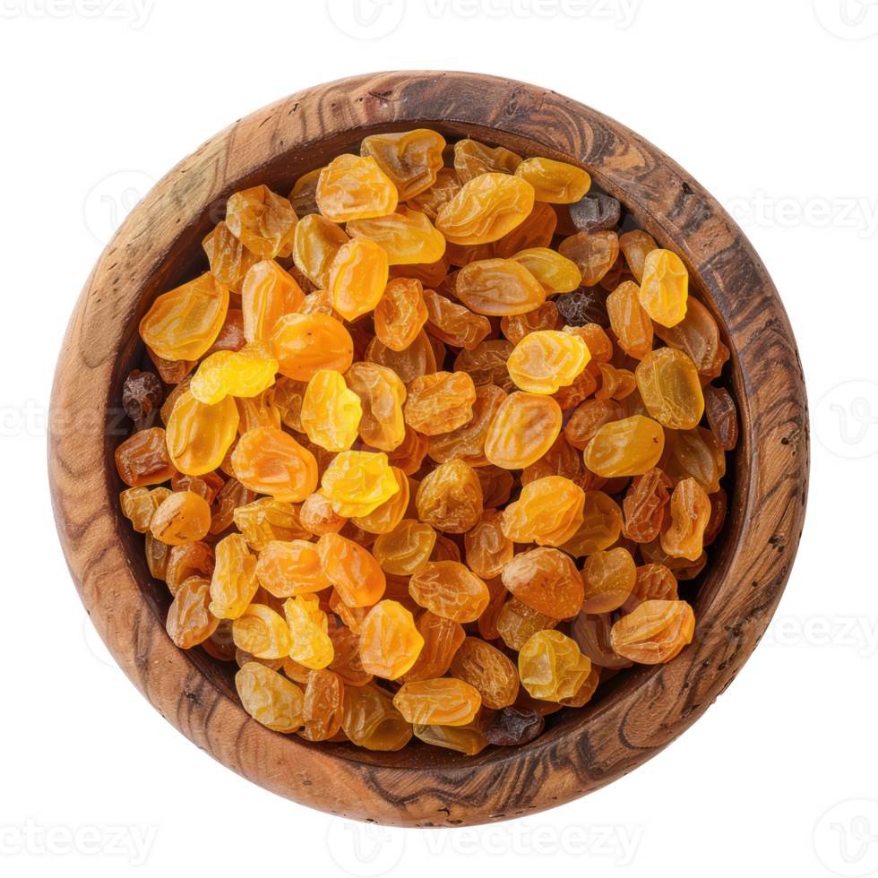 Golden yellow raisins in wooden bowl top view isolate on transparency background png
