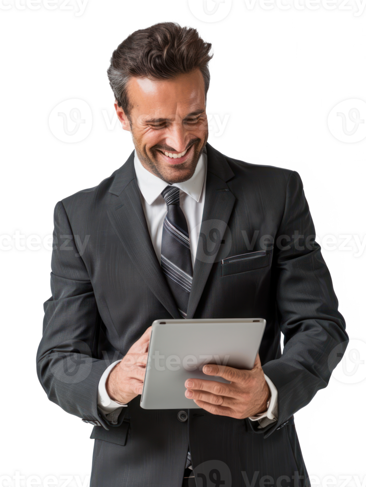 businessman smiling while using tablet isolate on transparency background png