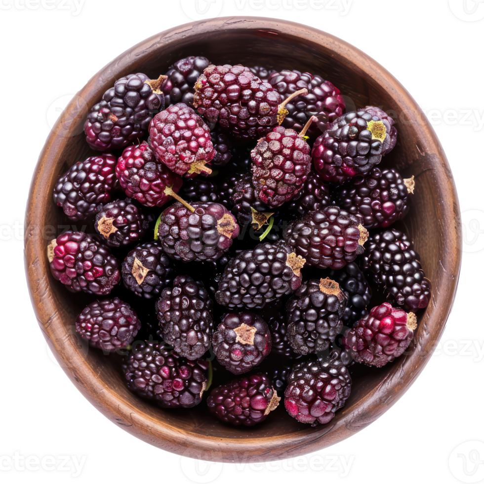 Fresh Mulberries in a bowl top view isolate on transparency background png