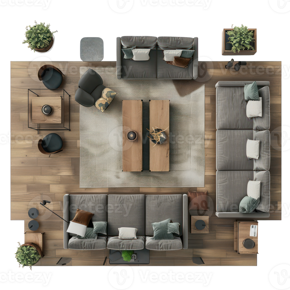 modern living room 3d top view full length isolate on transparency background png