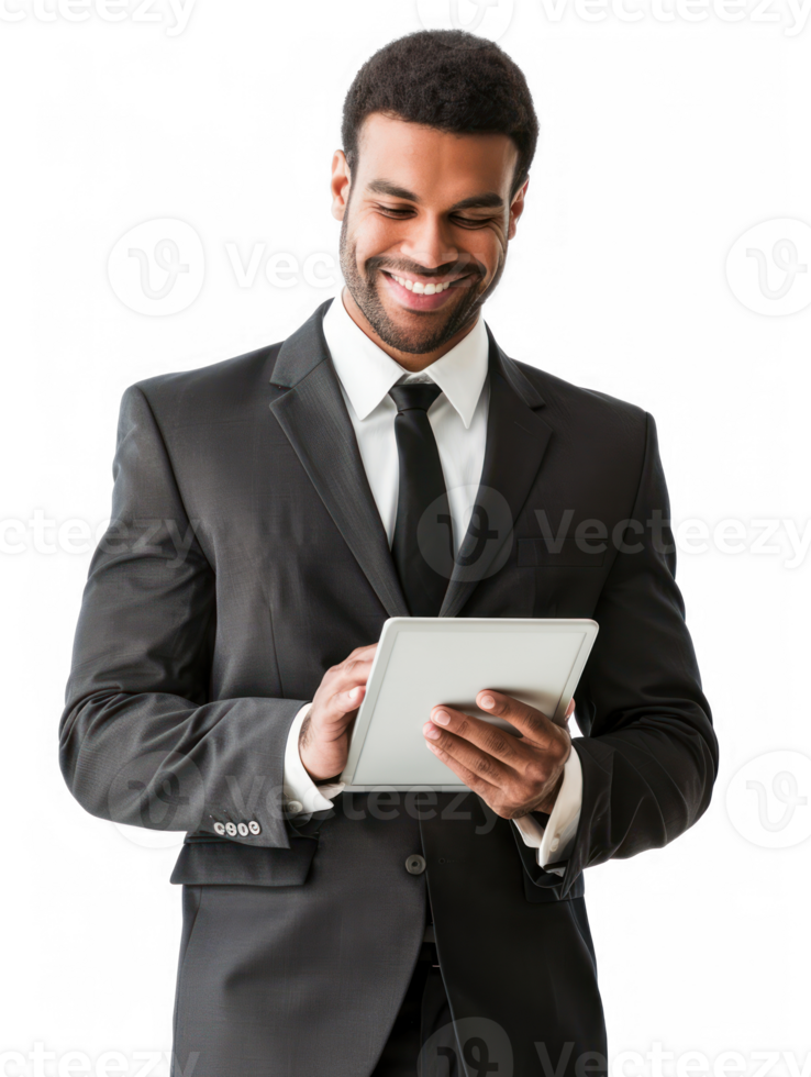 businessman smiling while using tablet isolate on transparency background png