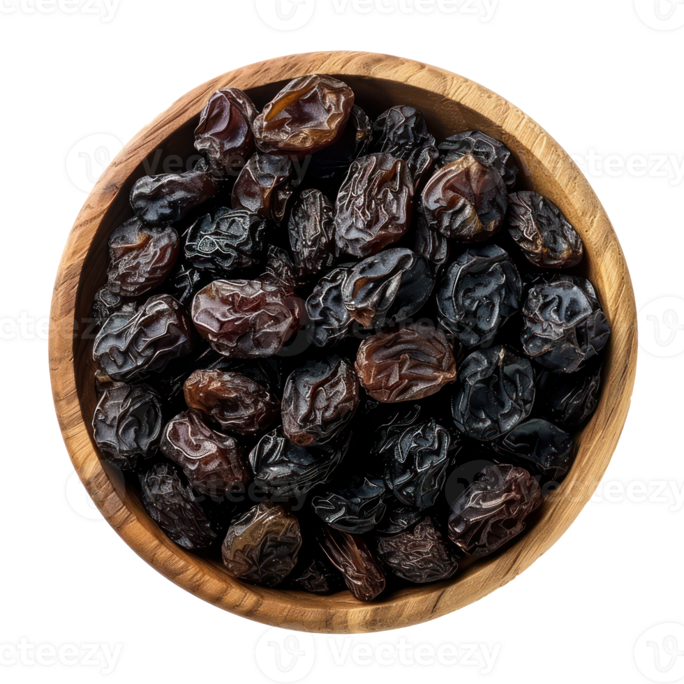 Raisins in wooden bowl top view isolate on transparency background png