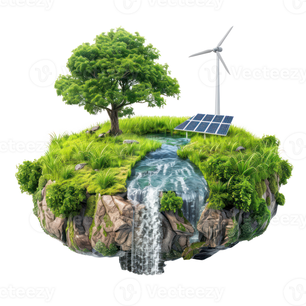 floated green grass island with waterfall and solar panel and wind turbine isolate on transparency background png