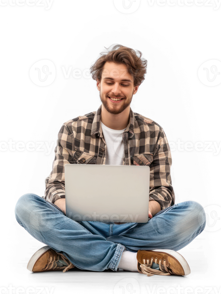 A man is sitting cross-legged on floor with a laptop on his lap , he is looking happy. isolate on transparency background png