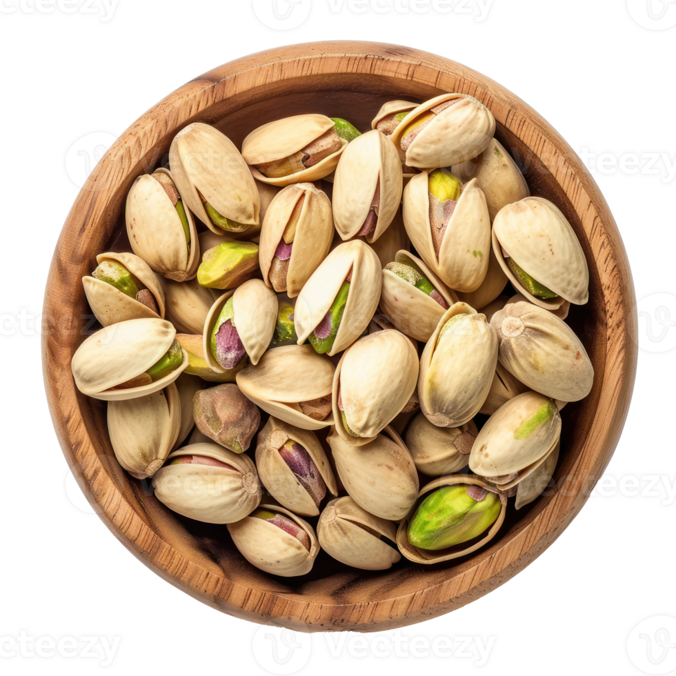 Pistachio in wooden bowl, clipping path top view isolate on transparency background png
