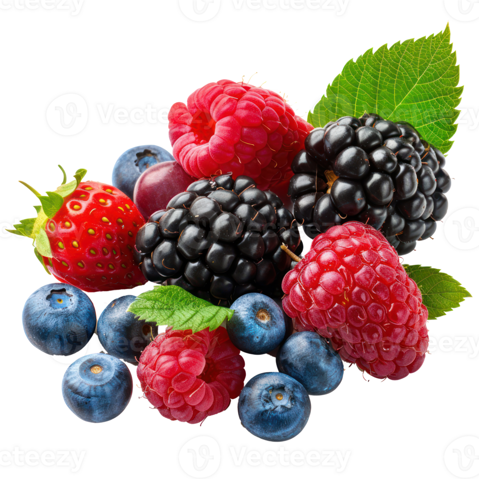 Mix berries with green leaves, clipping path isolate on transparency background png