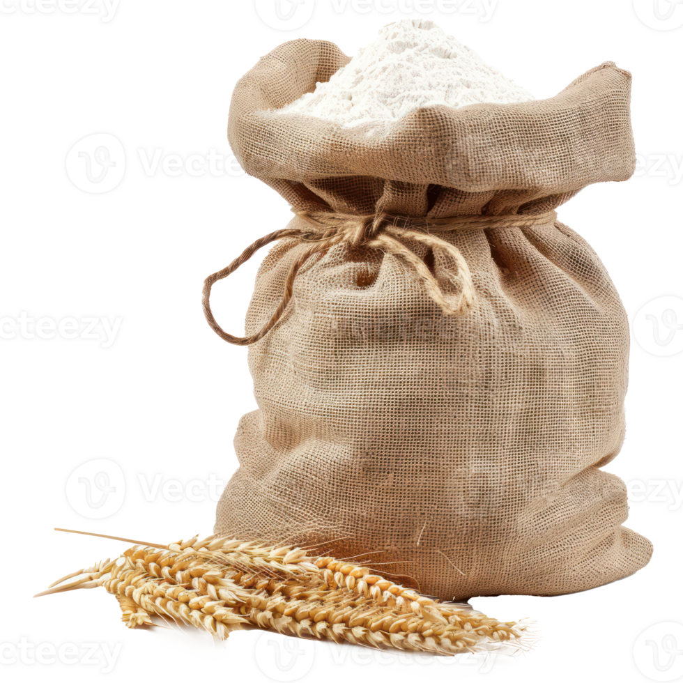 Wheat flour in burlap sack bag isolate on transparency background png