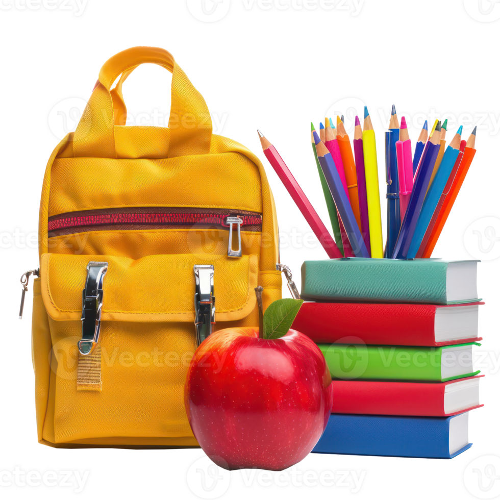 School bag and red apple and box of pen holder with stack book isolate on transparency background png