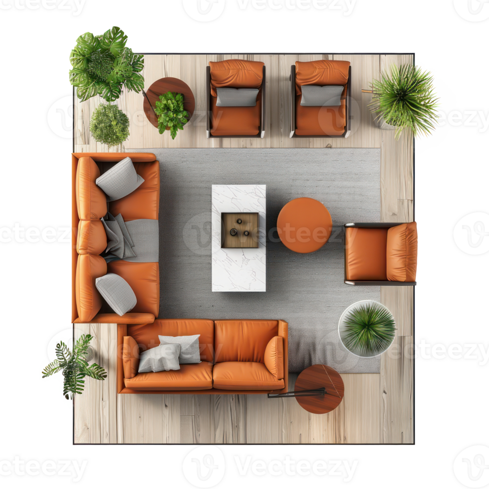 modern living room 3d top view full length isolate on transparency background png