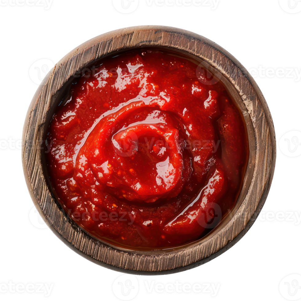 Tomato sauce on small wooden bowl top view isolate on transparency background png