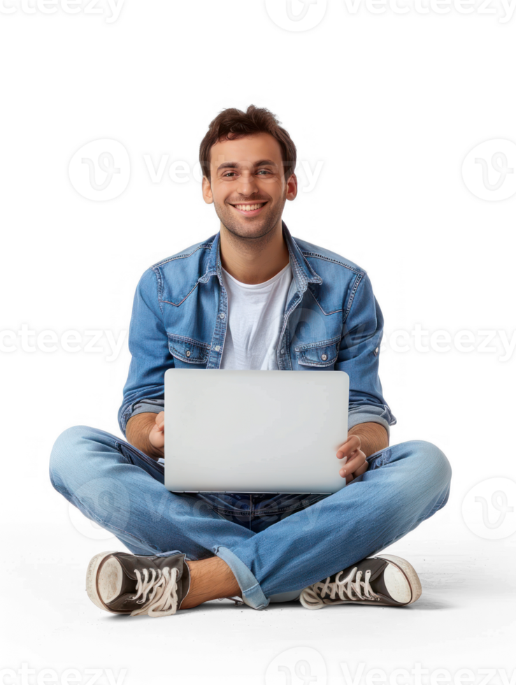 A man is sitting cross-legged on floor with a laptop on his lap , he is looking happy. isolate on transparency background png