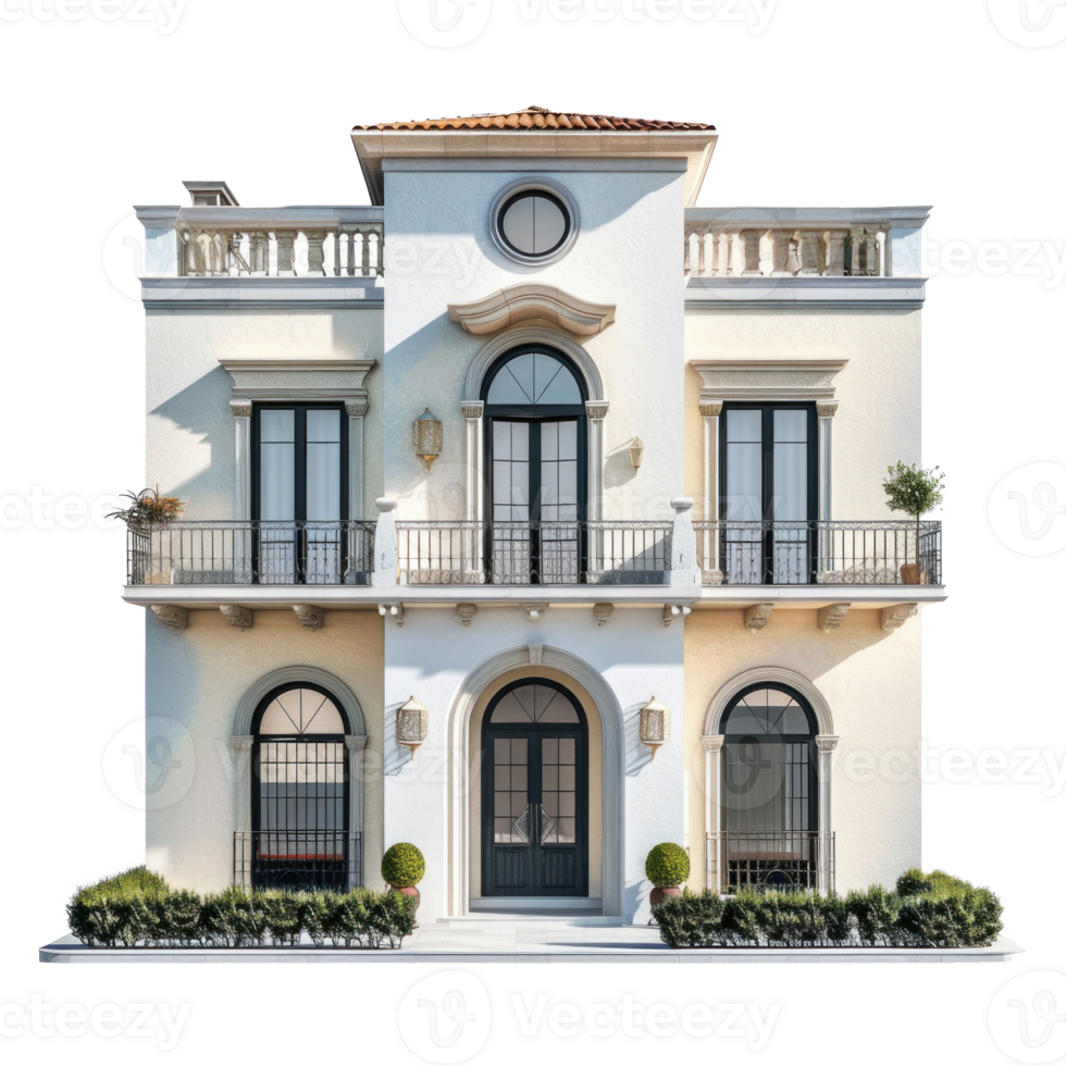 Mediterranean House front view full length isolate on transparency background png