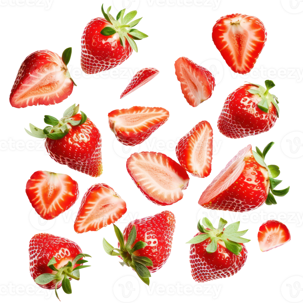Falling Strawberries and slices isolate on transparency background png