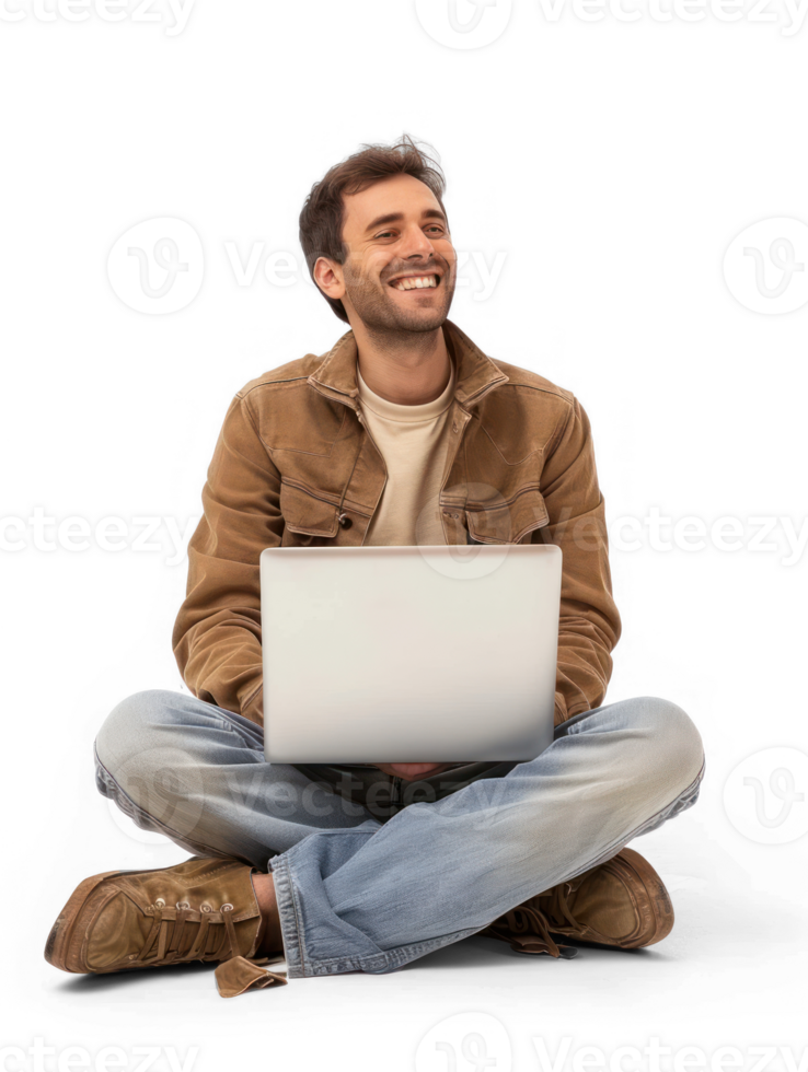 A man is sitting cross-legged on floor with a laptop on his lap , he is looking happy. isolate on transparency background png