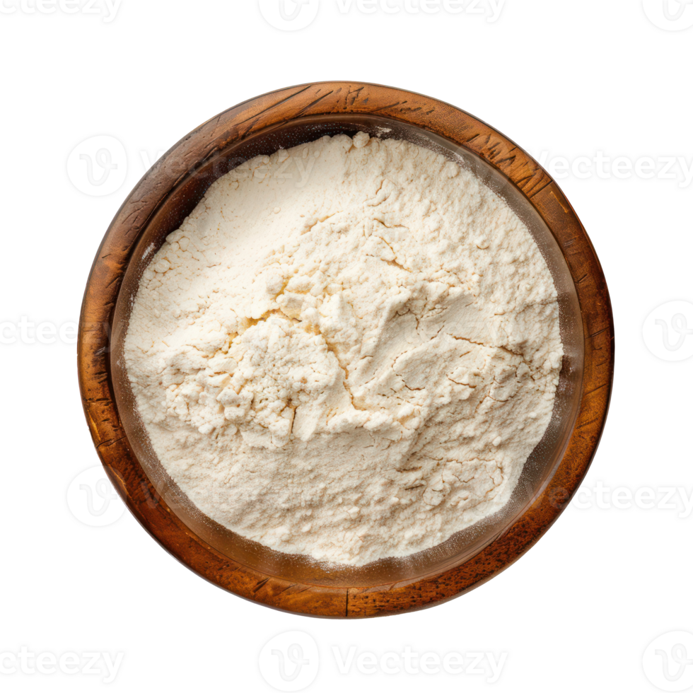 wooden bowl of flour top view full length isolate on transparency background png