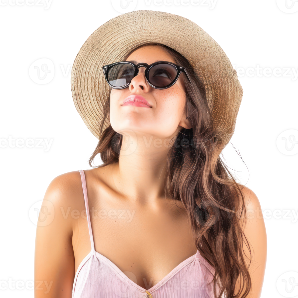 young woman wearing a summer hat and sunglasses looking up , standing isolate on transparency background png