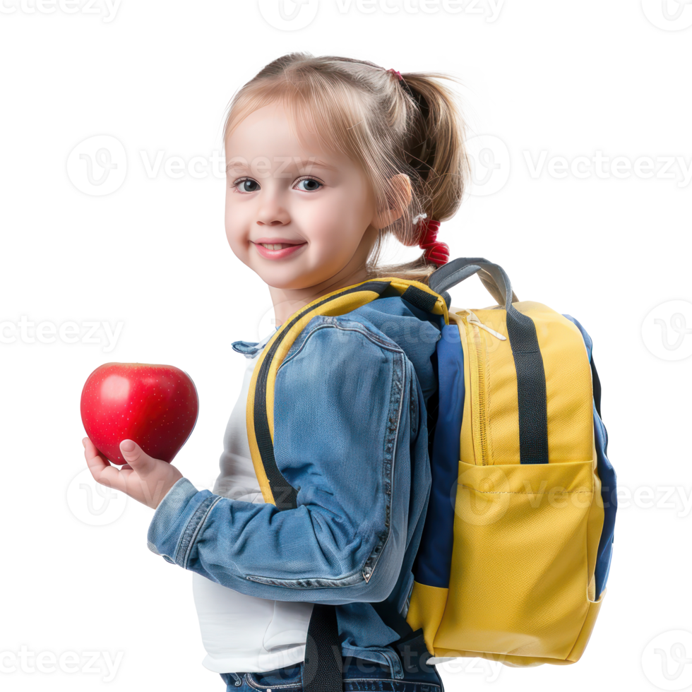 Happy girl with school backpack with red apple, standing isolate on transparency background png
