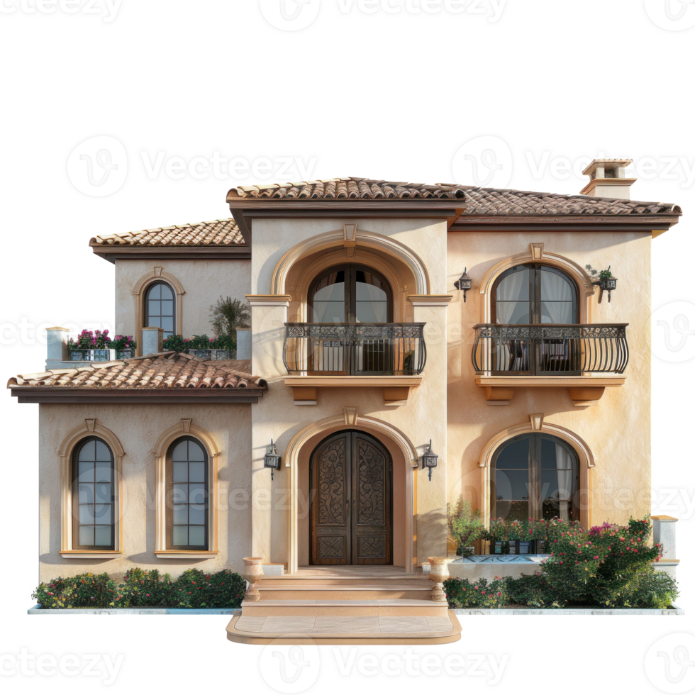 Mediterranean House front view full length isolate on transparency background png