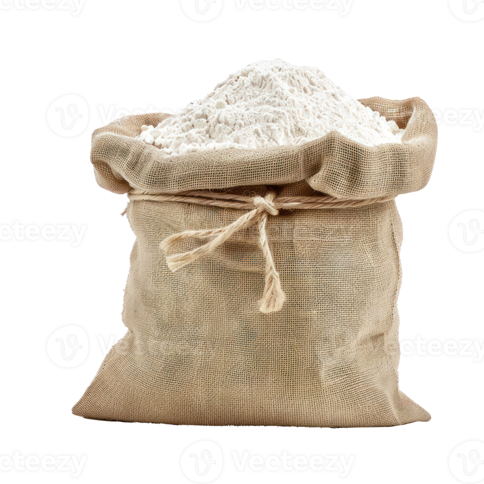 Wheat flour in burlap sack bag isolate on transparency background png