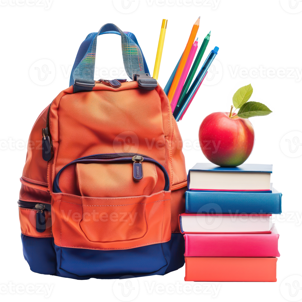 School bag and red apple and box of pen holder with stack book isolate on transparency background png