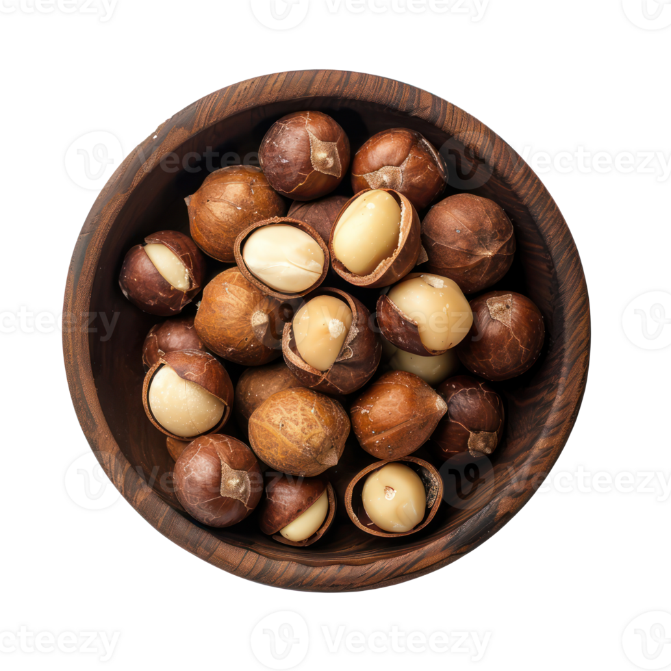 Macadamia Nuts in a bowl top view isolate on transparency background png
