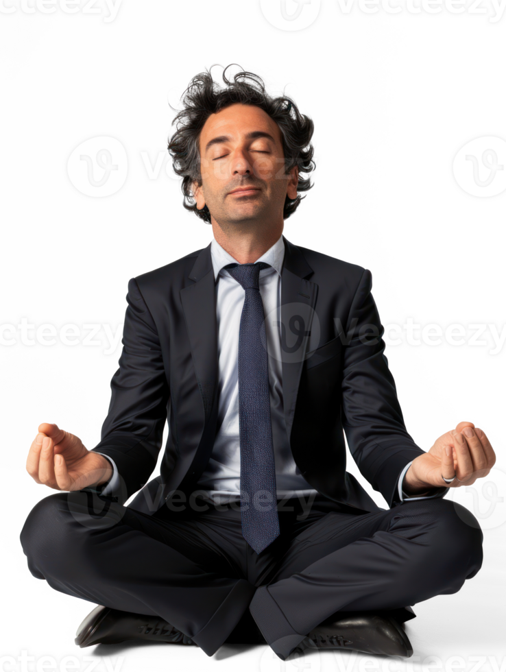A man in a business suit with a tie that free and windblown is sitting in the lotus posture with closed eyes. On a pure white backgroun png