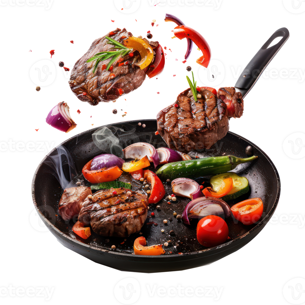 floated seperated Flying beef steaks with grilled vegetable and pan isolate on transparency background png