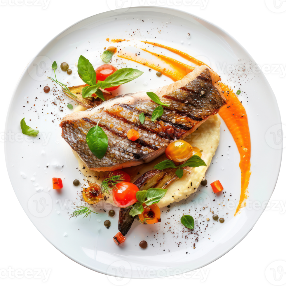 floated Grilled fish with lentil puree and vegetables seen falling into a plate isolate on transparency background png