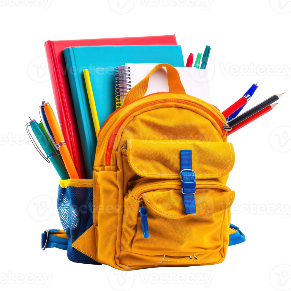 School backpack with stack book and pens isolate on transparency background png