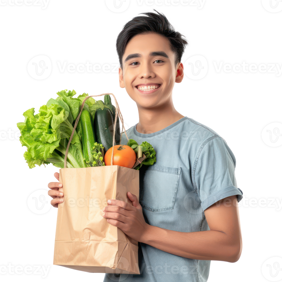 Smiling young man holding groceries vegetable shopping bag standing isolate on transparency background png