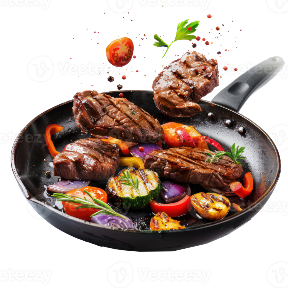 floated seperated Flying beef steaks with grilled vegetable and pan isolate on transparency background png