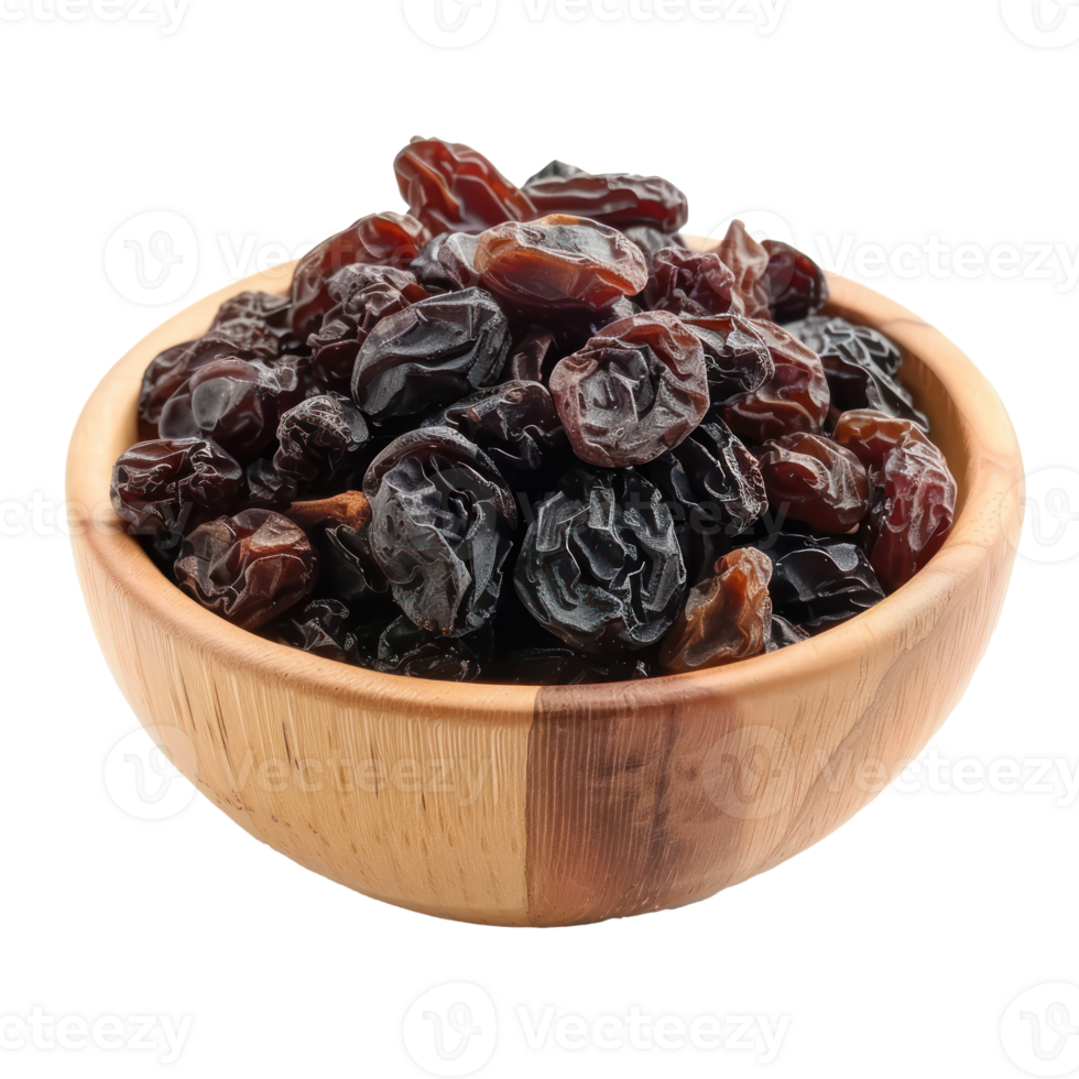 Raisins in wooden bowl front view isolate on transparency background png