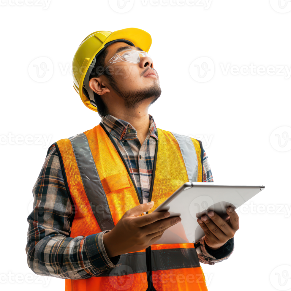 Engineer construction man with tablet looking up, standing isolate on transparency background png