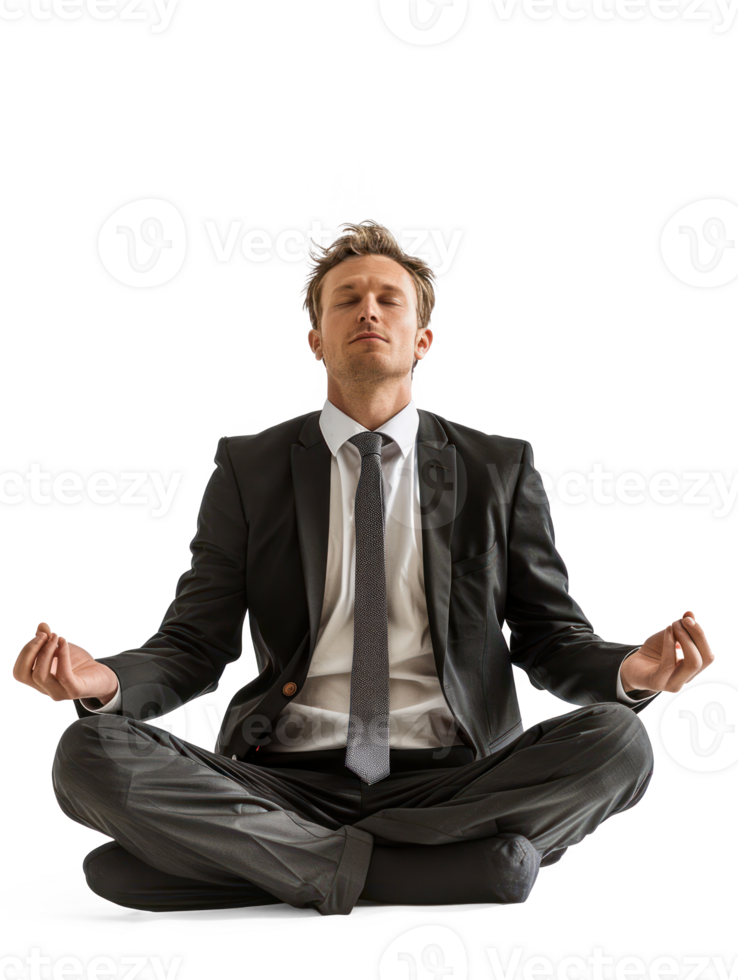 A man in a business suit with a tie that free and windblown is sitting in the lotus posture with closed eyes. On a pure white background png