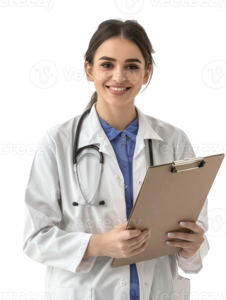 Smiling female doctor holding clipboard isolate on transparency background png