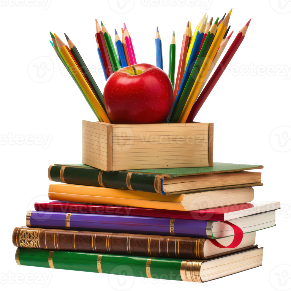 box of pencils and stack of books with red apple isolate on transparency background png
