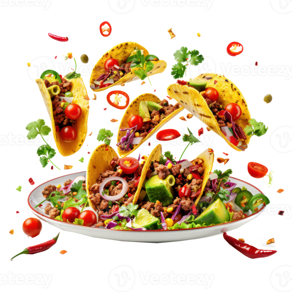 floated Mexican food Tacos with ingredients falling into a plate isolate on transparency background png