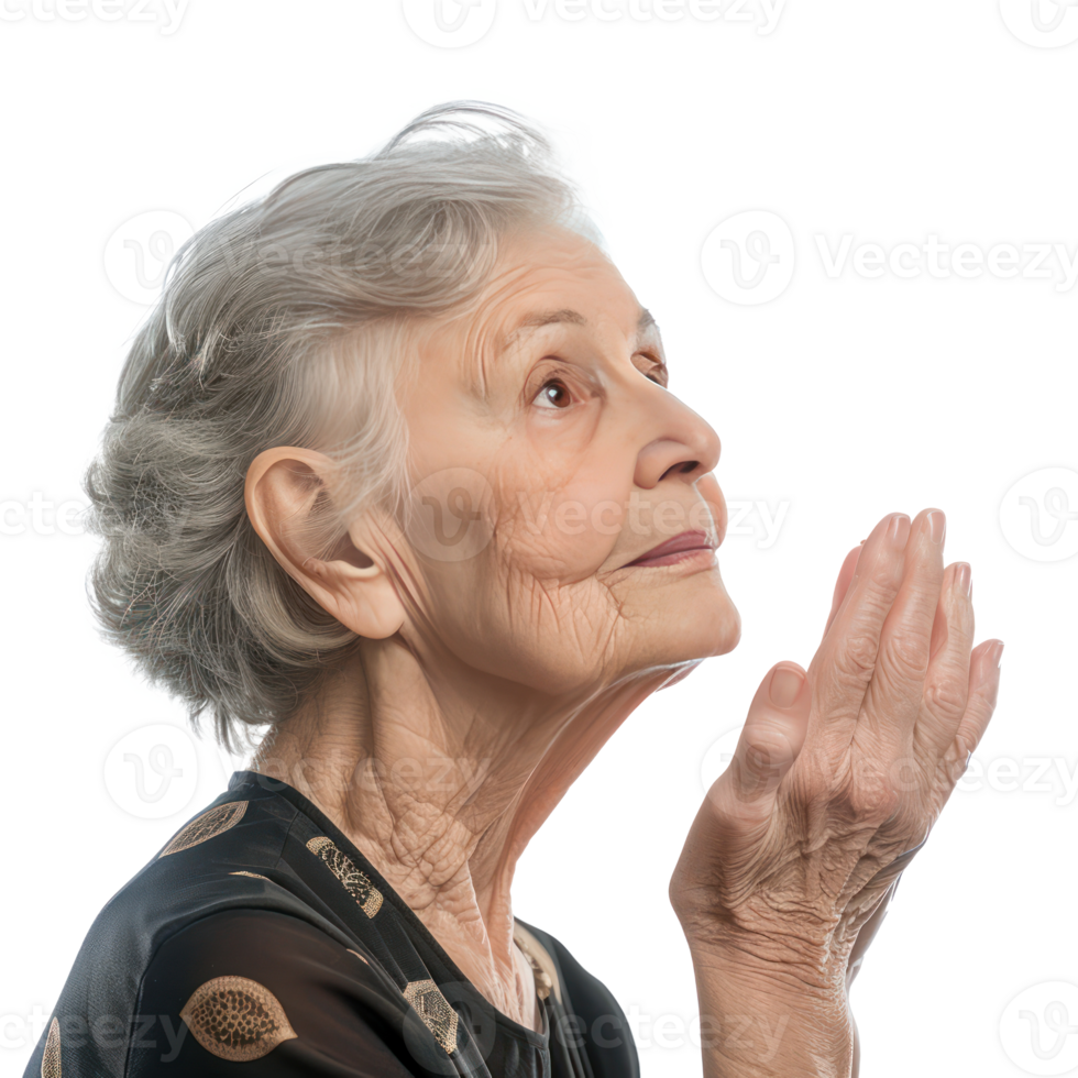 Beautiful senior woman with face care hand gesture side view isolate on transparency background png