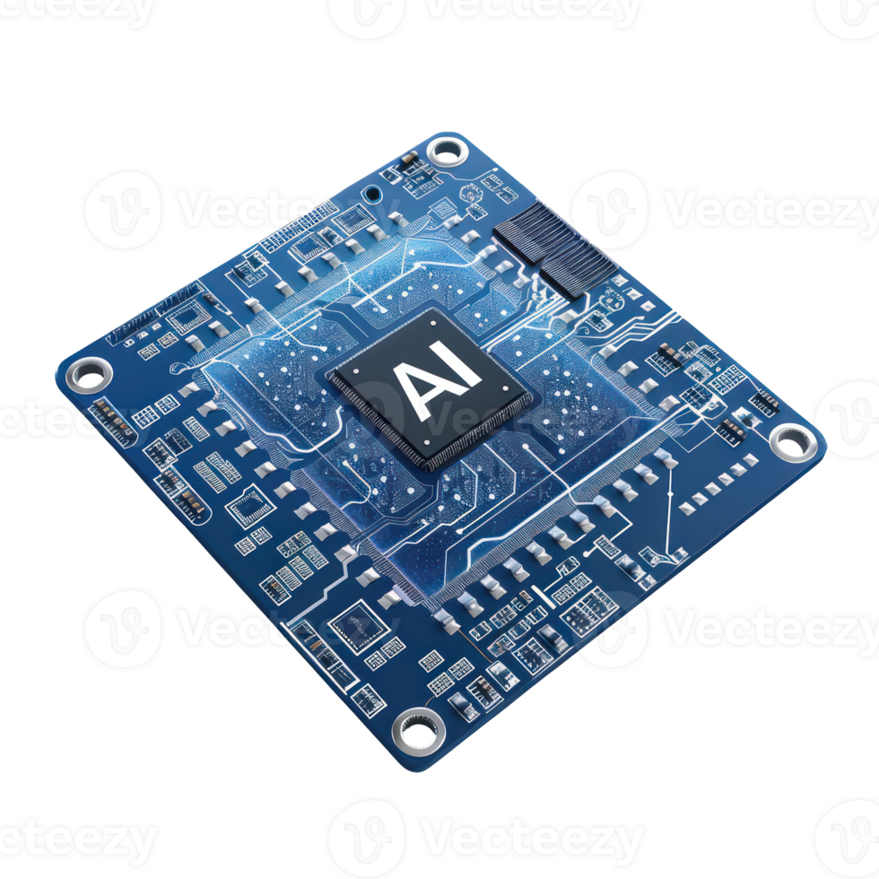 Technology Blue CPU computer microchips with AI in the center top view full length isolate on transparency background png