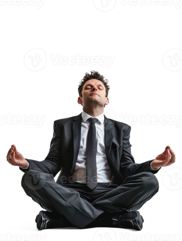 A man in a business suit with a tie that free and windblown is sitting in the lotus posture with closed eyes. On a pure white background png
