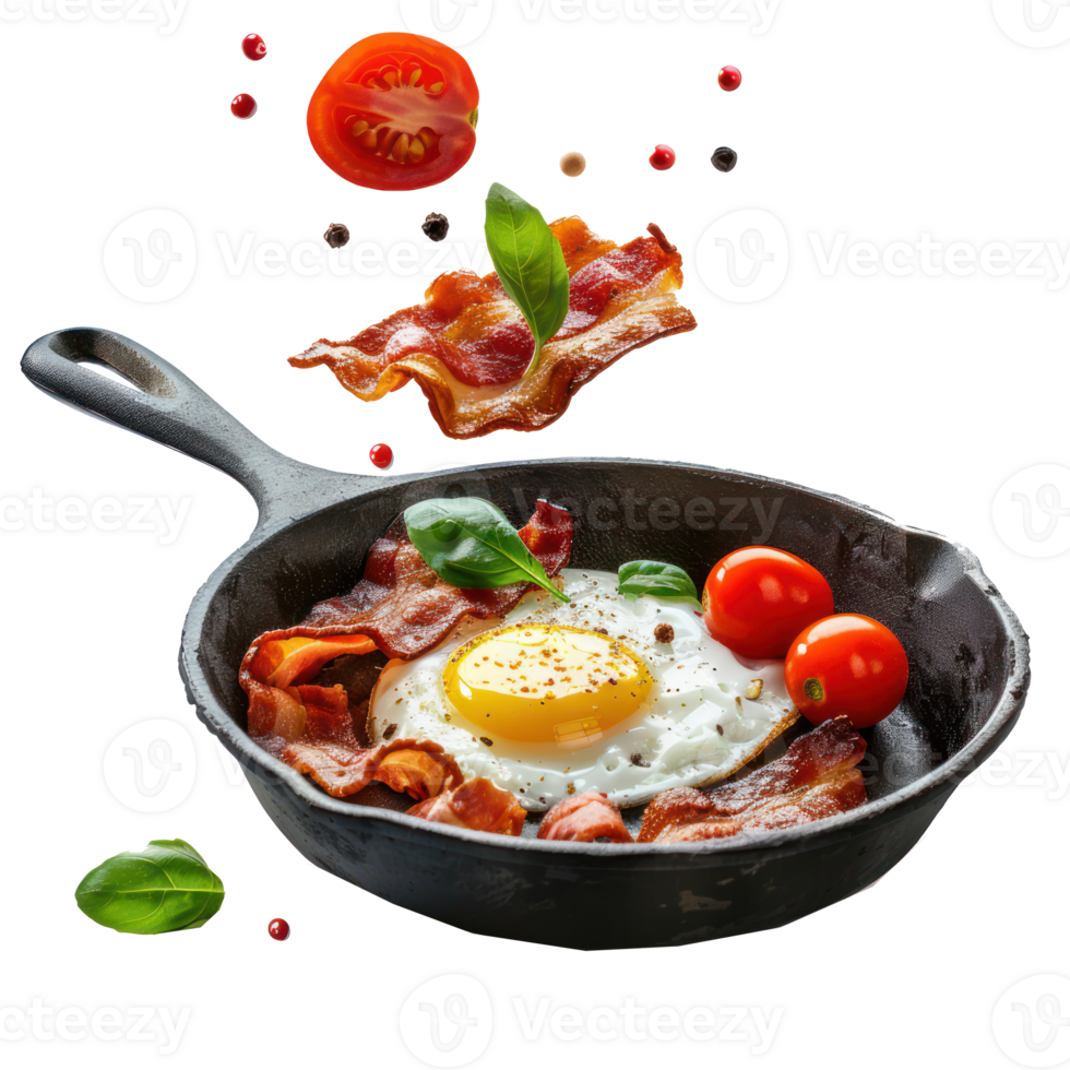 floated Fried egg, bacon and cherry tomatoes flying into iron skillet isolate on transparency background png