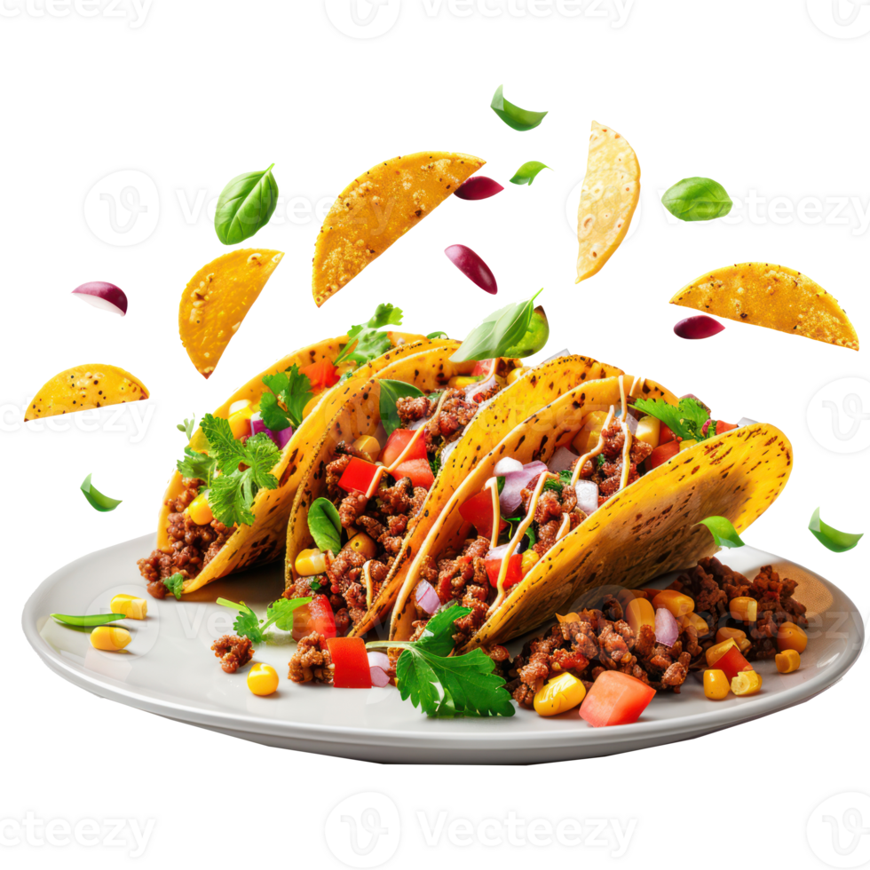 floated Mexican food Tacos with ingredients falling into a plate isolate on transparency background png