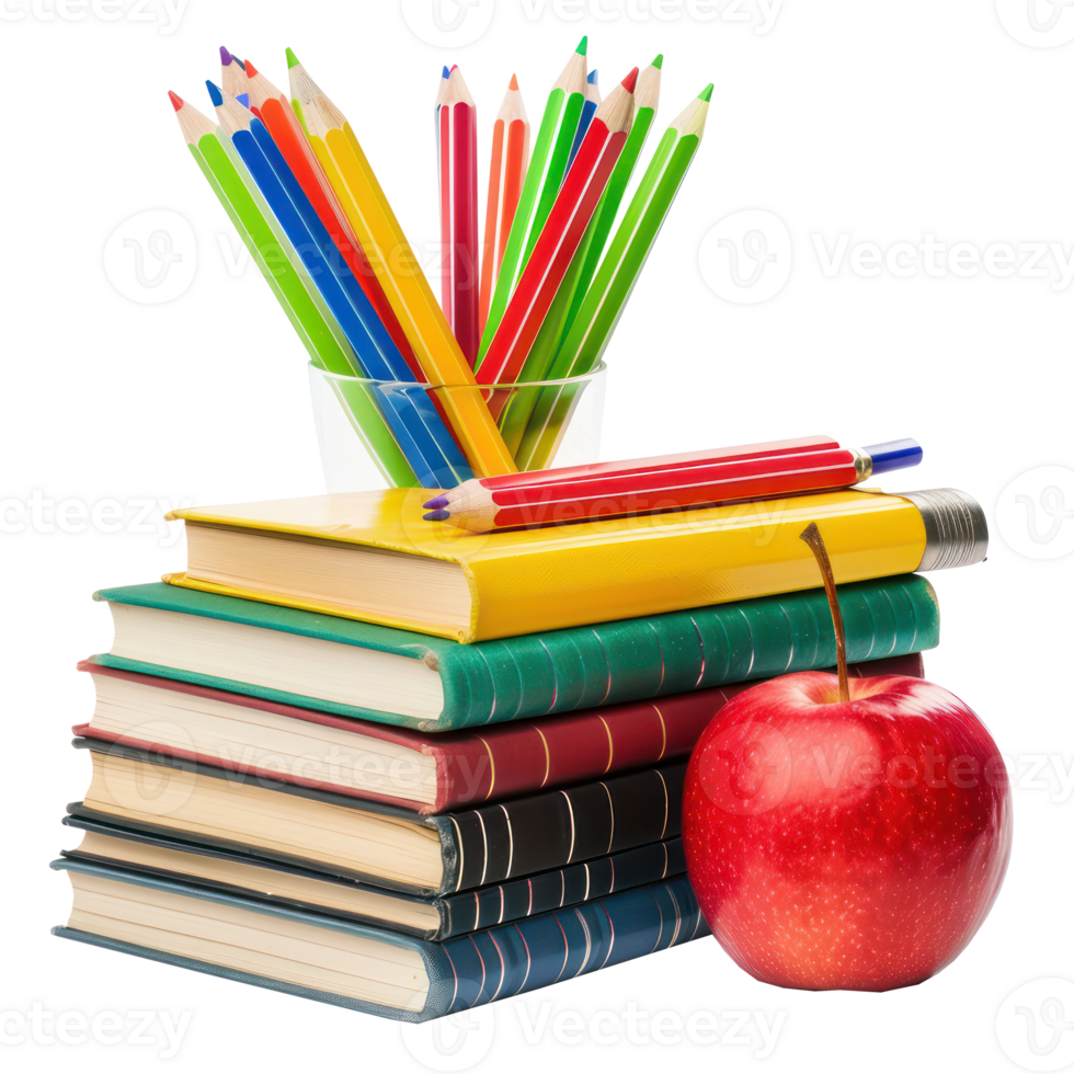 box of pencils and stack of books with red apple isolate on transparency background png
