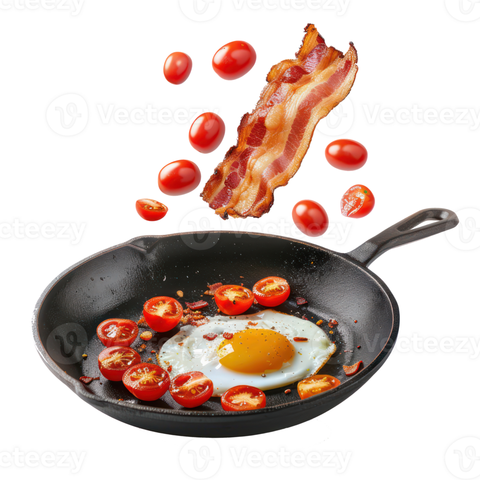 floated Fried egg, bacon and cherry tomatoes flying into iron skillet isolate on transparency background png
