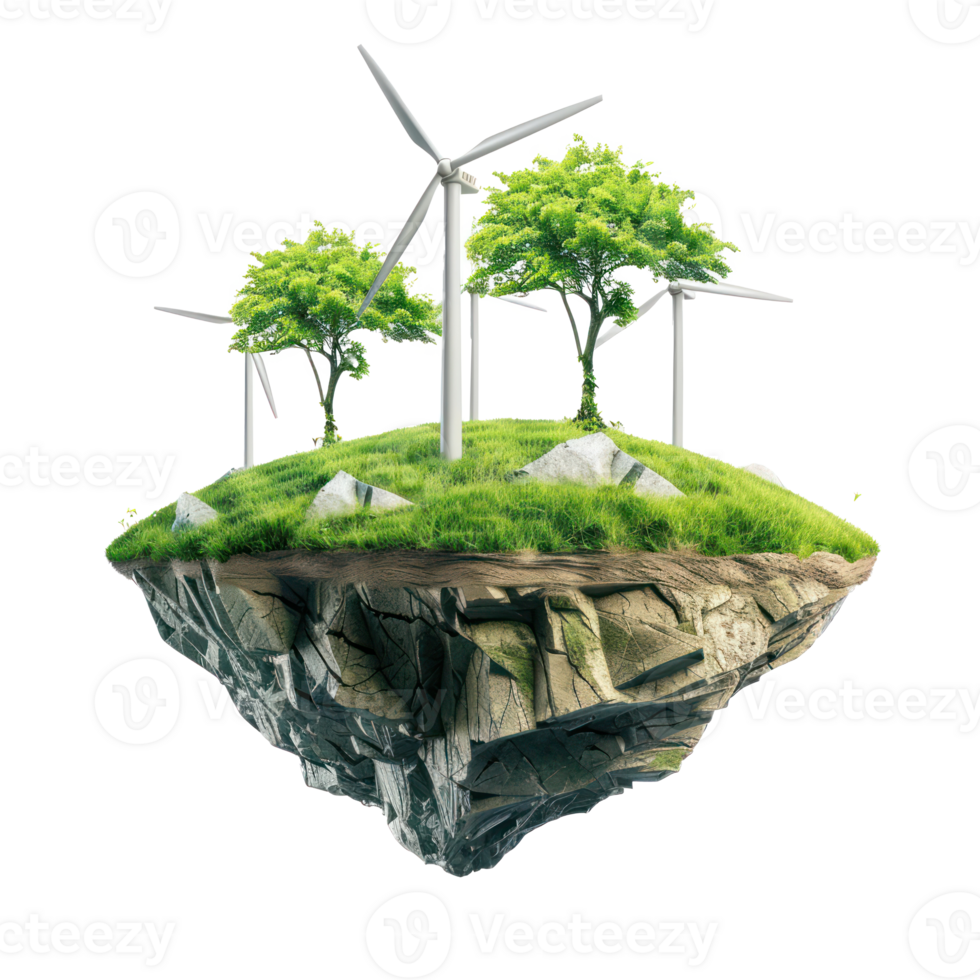 floated green grass island with 3 wind turbine in the air isolate on transparency background png